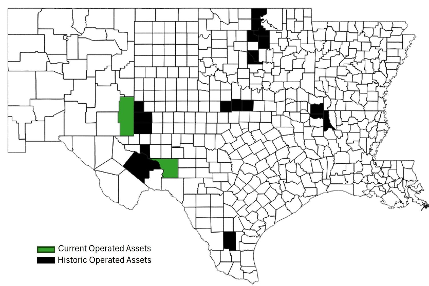 County map of Texas, Oklahoma, New Mexico, Arkansas and Louisiana showing Terravon's current operated assets shaded green and historic operated assets shaded black.
